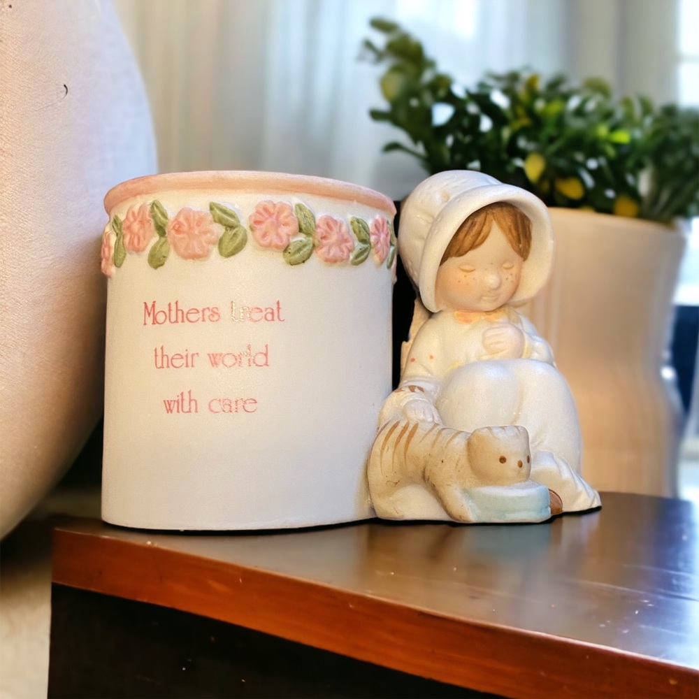 Porcelain figurine with candle holder sweet child with kitten.
